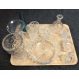 A tray of assorted glass ware, Edinburgh Crystal perfume bottle, glass paperweight of a bird,