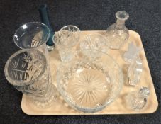 A tray of assorted glass ware, Edinburgh Crystal perfume bottle, glass paperweight of a bird,