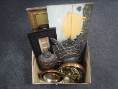 A box of three graduated copper pans, brass ceiling light with glass drops, carved hardwood mask,