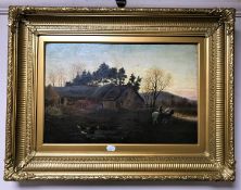A gilt framed antiquarian oil on canvas, farmstead,