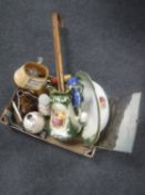 A box of pottery wash jug and basin, two walking sticks, assorted table lamps,
