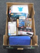 A box of Dremel multi tool, Furby connect, Smart Egg puzzle,