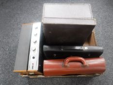 A box of Ultra stereo system, vintage leather case,