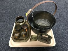 A tray of jam pan, Eastern brass planter and cups,