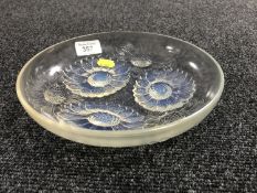 A Rene Lalique shallow glass bowl decorated with flowers, width 22 cm.