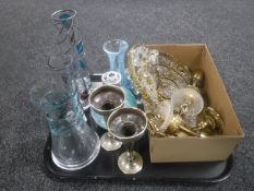 A tray containing two brass and glass pendant light fittings, Caithness glass vase,