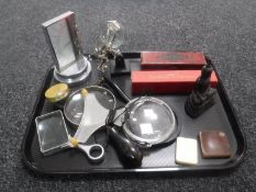 A tray of assorted magnifying classes, atmospheric pressure gauge,