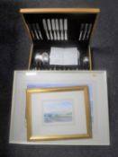 A part canteen of Walker & Hall plated cutlery, framed watercolour,