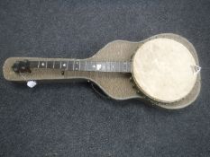 A five string banjo in guitar case