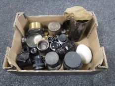 A box of various lenses and optics; Carl Zeiss Jena Magnar 1:10 lens,
