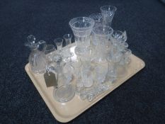A tray of antique and later glass ware including vases, knife rests,