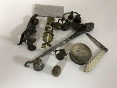 Collectables including a silver pill box, silver and mother of pearl fruit knife, sovereign scales,