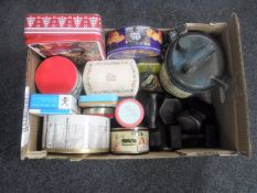 A box of tins, flat iron,