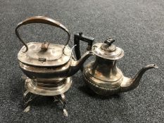 A silver plated spirit kettle on stand and a teapot