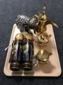 A tray of hardwood and ivory inlaid elephant, three piece Arabic gold plated tea service,