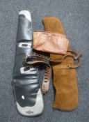 A box containing leather ammunition belt, leather pouch,