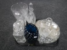 A Royal Doulton crystal vase, crystal decanters, blue glass vase,