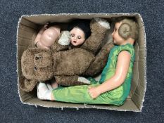 A box of mid 20th century dolls and a teddy bear
