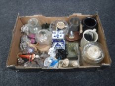 A box of glass ware, tankard, Wade trinket box,