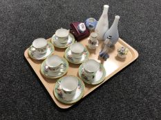 A tray of six Aynsley bone china tea cups and saucers, Coalport figure, Royal Doulton vase,