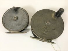 Two antique fishing reels, one inscribed G Main of Germyn St,