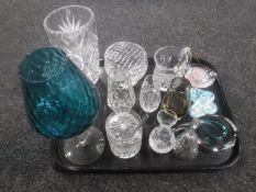 A tray containing assorted glass ware including Royal Doulton crystal vase, Edinburgh Crystal jug,