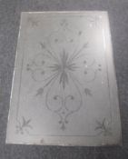 An antique etched glass window panel CONDITION REPORT: 69cm by 98cm.
