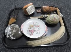 A tray containing a fly swish, oriental plates, desk clock, onyx egg,