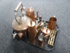 A tray of antique copper and brass ware including teapots, coffee pot, miniature fender,