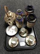 A tray of Japanese earthenware including teapot, pairs of vases,