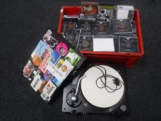 A box of a large quantity of assorted CD's together with a Cam turntable (no stylus)