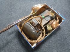 A box of copper and brass ware, hand basket, flat irons,