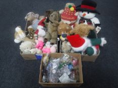 Three boxes of soft toys including mohair teddy bear, vintage doll,
