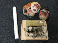 A tray of oriental items to include a carved foo dog figure, three scent bottles,