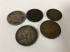 A Victorian Crown 1887, George III Crown 1820, a William IV penny 1831 (no initials),
