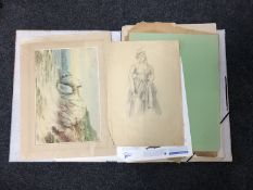 A folio of unframed pictures including black and white etchings, watercolours,