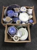 Two boxes containing Ringtons china, chintz water jug and teapot, cathedral and castle caddies,