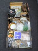 Three boxes of framed tapestries, glass ware,