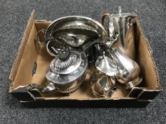 A box of early 20th century plated ware - four teapots, coffee pots, dish,
