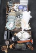 Three boxes of blue and white china, plated ware, wine box,