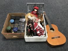 An acoustic guitar together with two boxes containing metal tins, collector's dolls, planters,