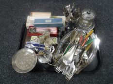 A tray of 20th century plated wares - cutlery, cruet set, coffee pot,