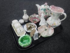 A tray containing Royal Doulton figure, Happy Anniversary, five piece of Maling, Wade Whimsies,