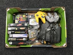 A box of Nintendo 64, two controllers and leads with nine games including Golden Eye,