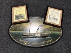 A circular wooden plaque "Lac Leman paddle steamer" and two mahogany framed Smiths Dock prints