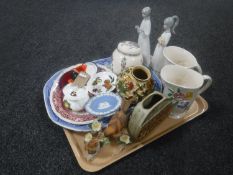 A tray containing Spanish figures, Indian Tree vase, blue and white meat plate,