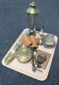 A tray of assorted brass ware including miniature bed warming pan,