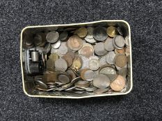 A tin of large quantity of pre decimal British silver and copper coins,