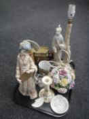 A tray of china flower posy, Royal Doulton Oliver Twist jug, figure of a geisha,