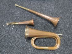 Three copper and brass hunting horns